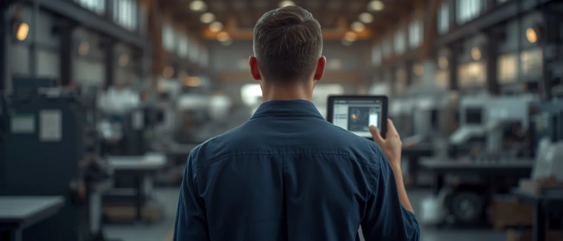 Mitarbeiter mit Tablet in einer Produktionshalle
